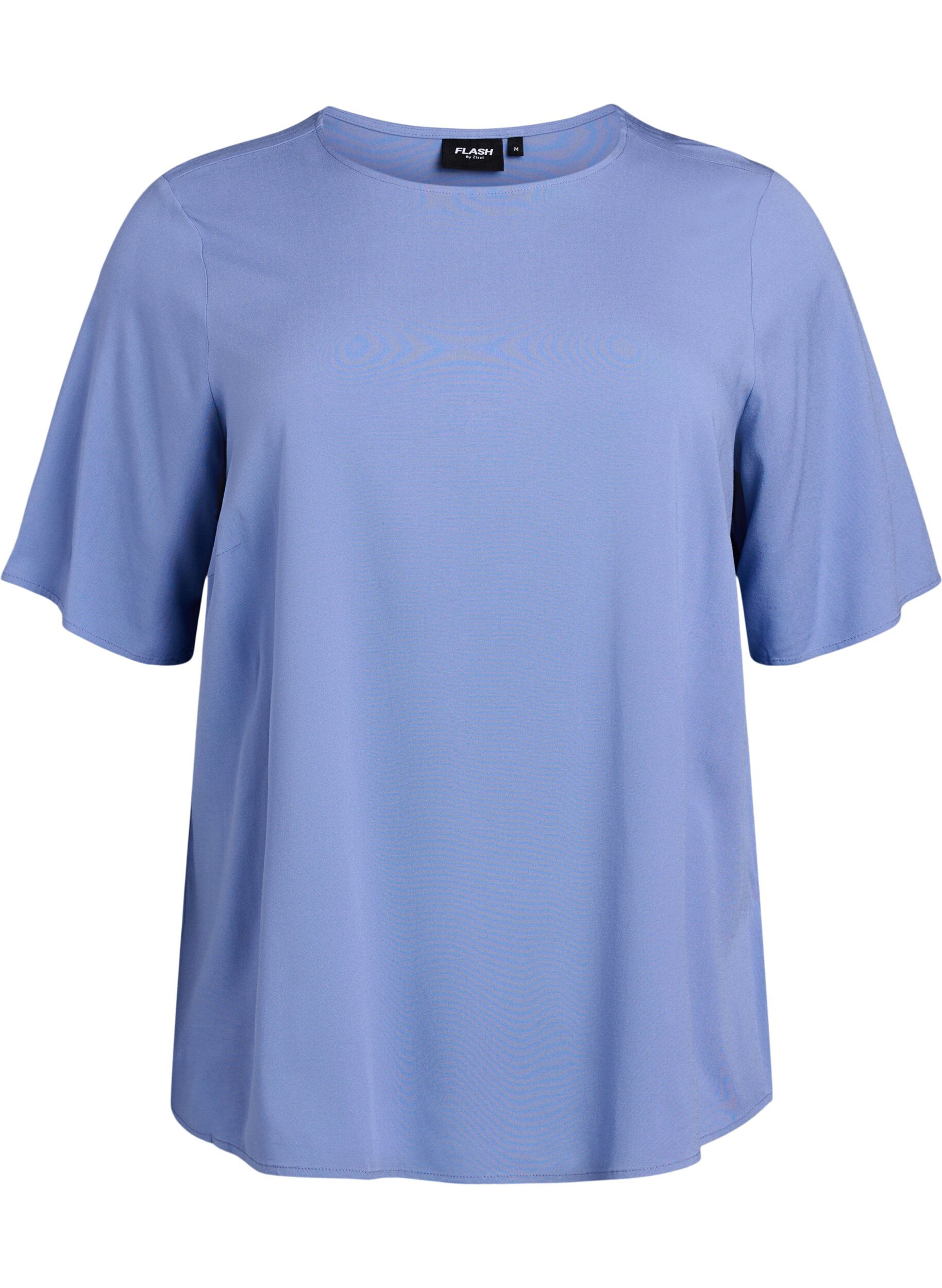 ZizziGeweven blouse met korte mouwen en ronde hals, Blauw, Packshot image number 0