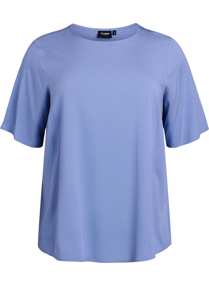 Geweven blouse met korte mouwen en ronde hals, Blauw, Packshot image number 0