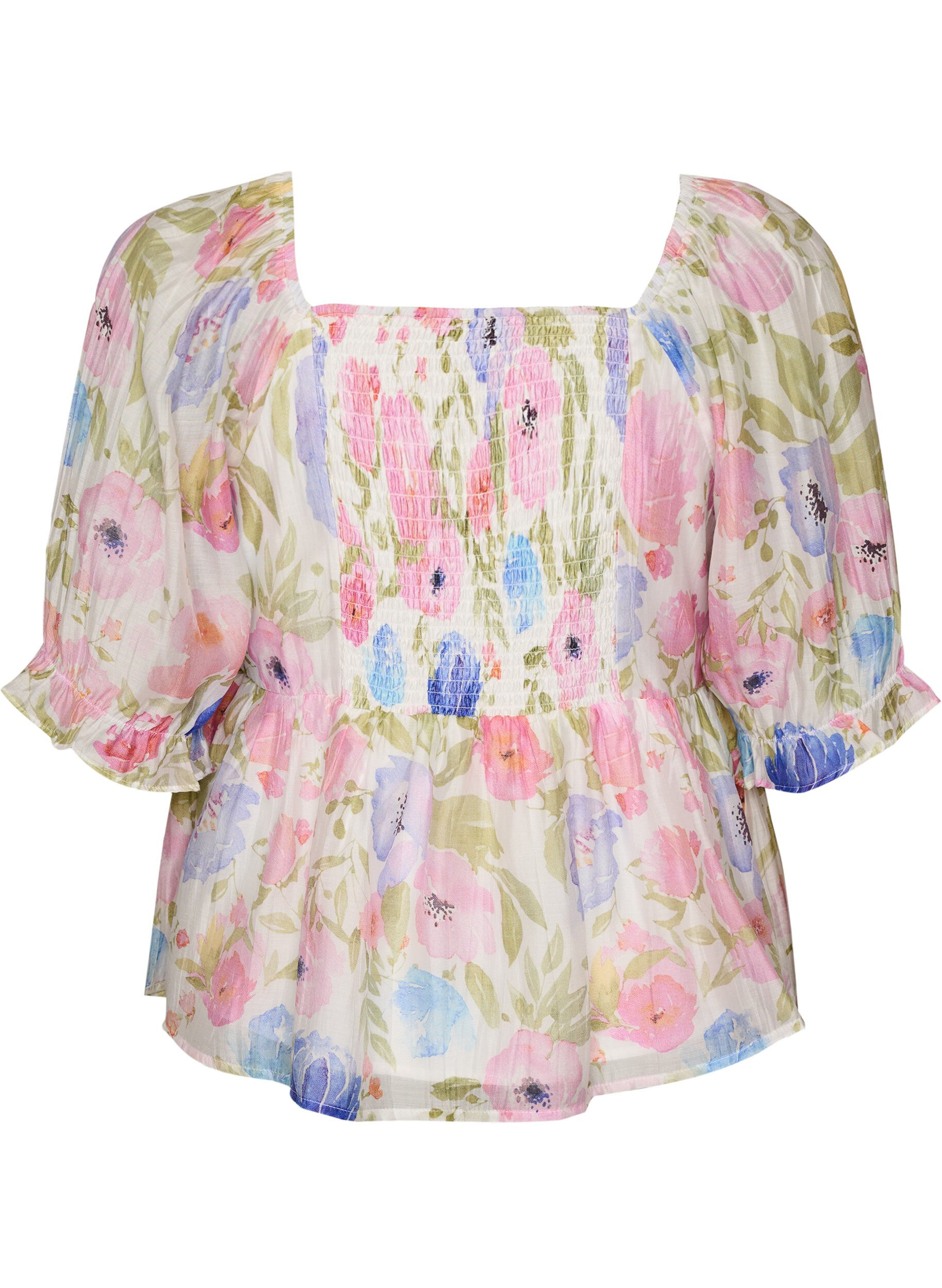 Zizzi Lyocell blouse met bloemenprint en hartvormige halslijn, Wit, Packshot image number 1