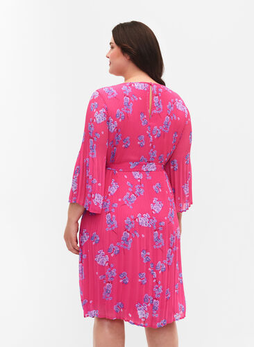 Bedrukte geplooide jurk met bindband, Beetroot Purple AOP, Model image number 1