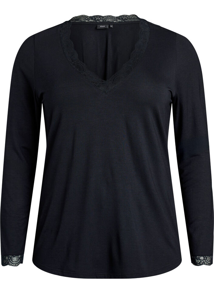 Viscose blouse met kanten afwerking en V-hals, Zwart, Packshot image number 0