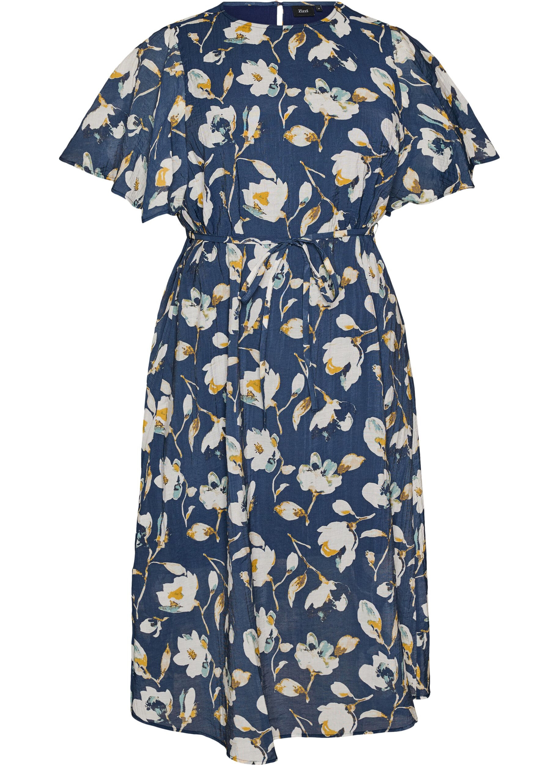 ZizziEnkellange jurk met vlindermouwen en strikceintuur, Blauw, Packshot image number 0