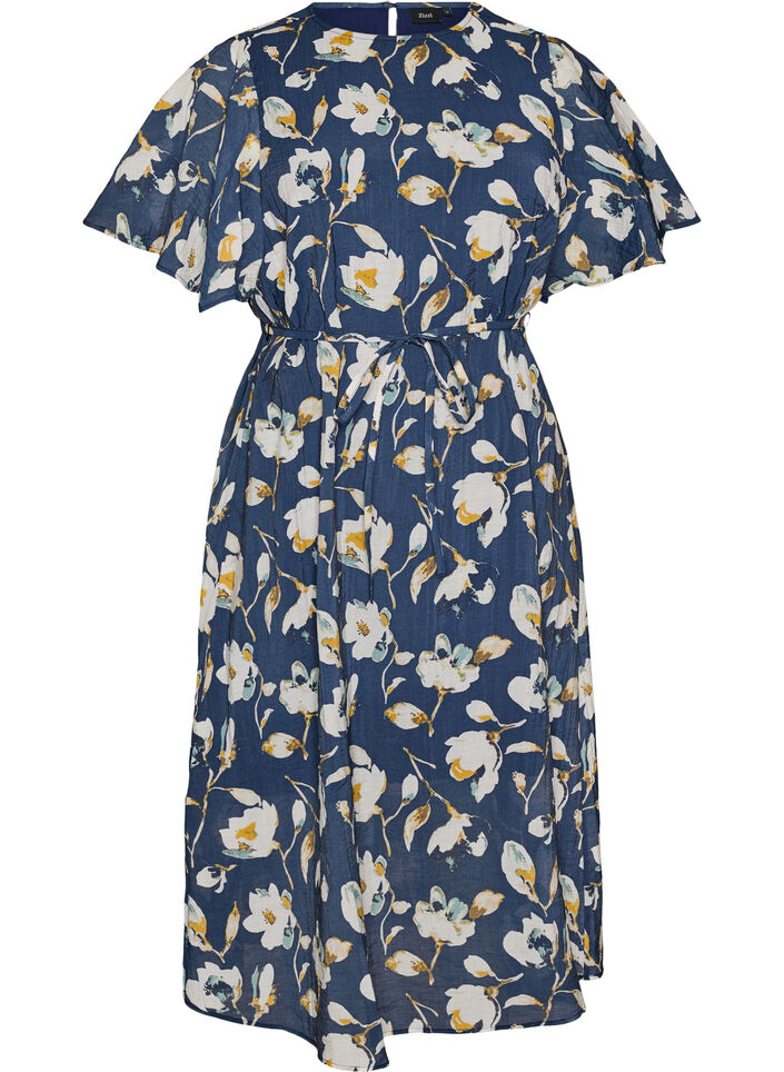 Enkellange jurk met vlindermouwen en strikceintuur, Blauw, Packshot image number 0