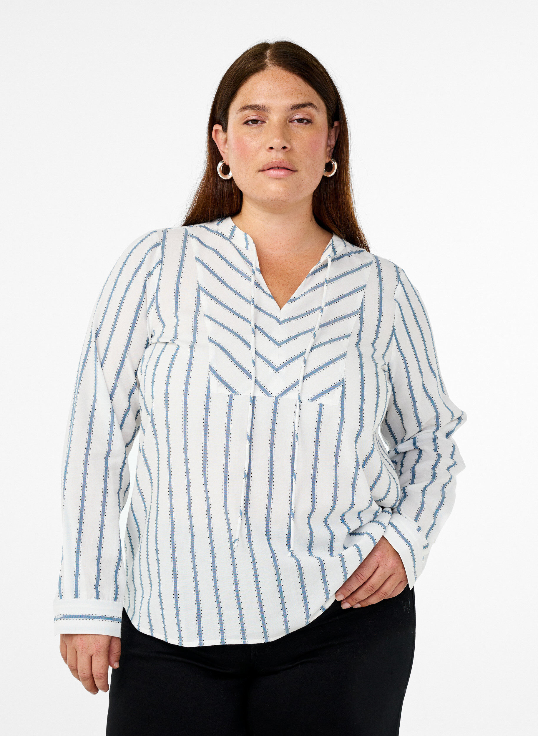 Zizzi Gestreepte blouse met strikdetail, Wit, Model image number 0