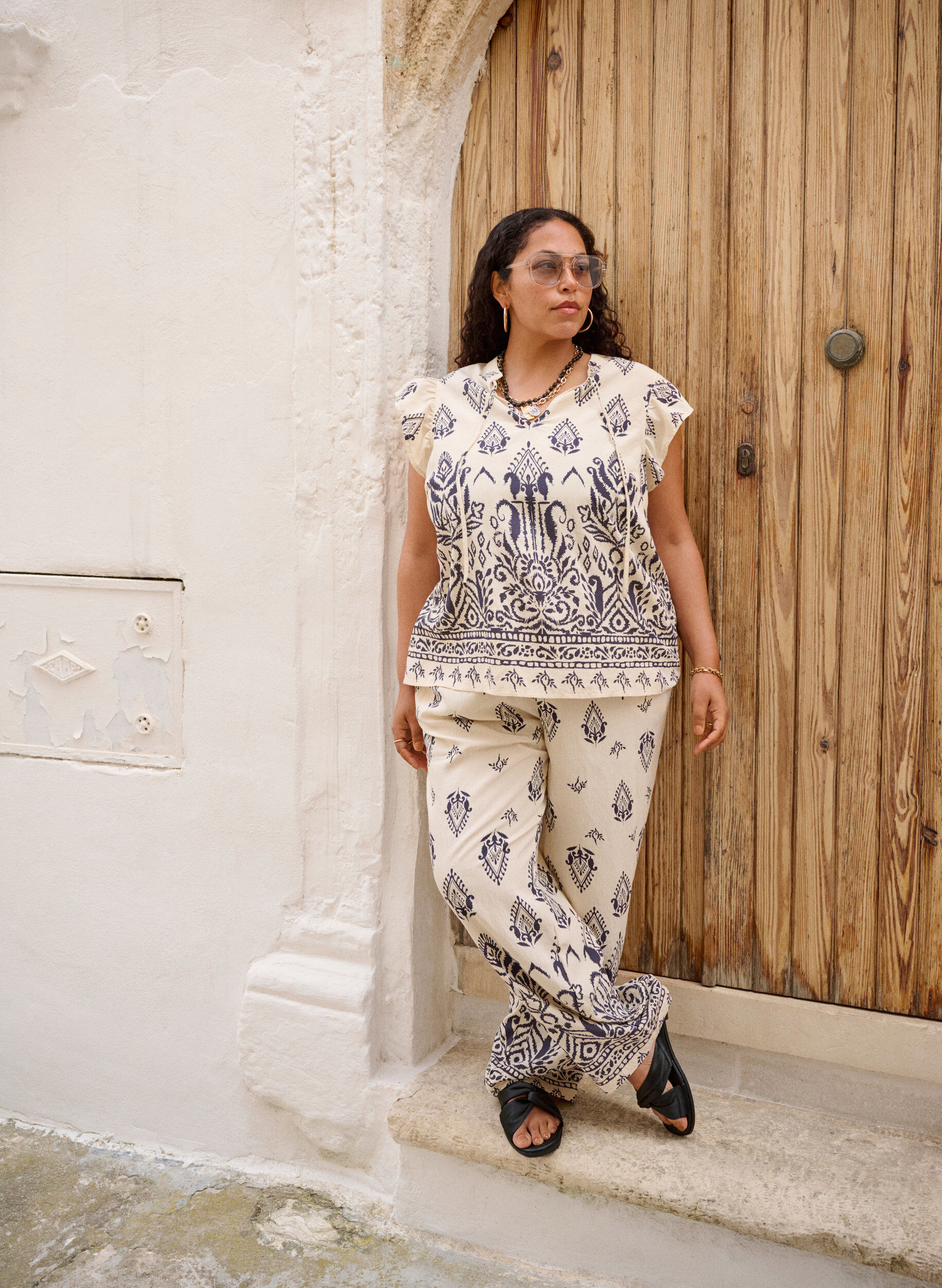 Zizzi Losse broek met print en hoge taille, Beige, Image image number 0