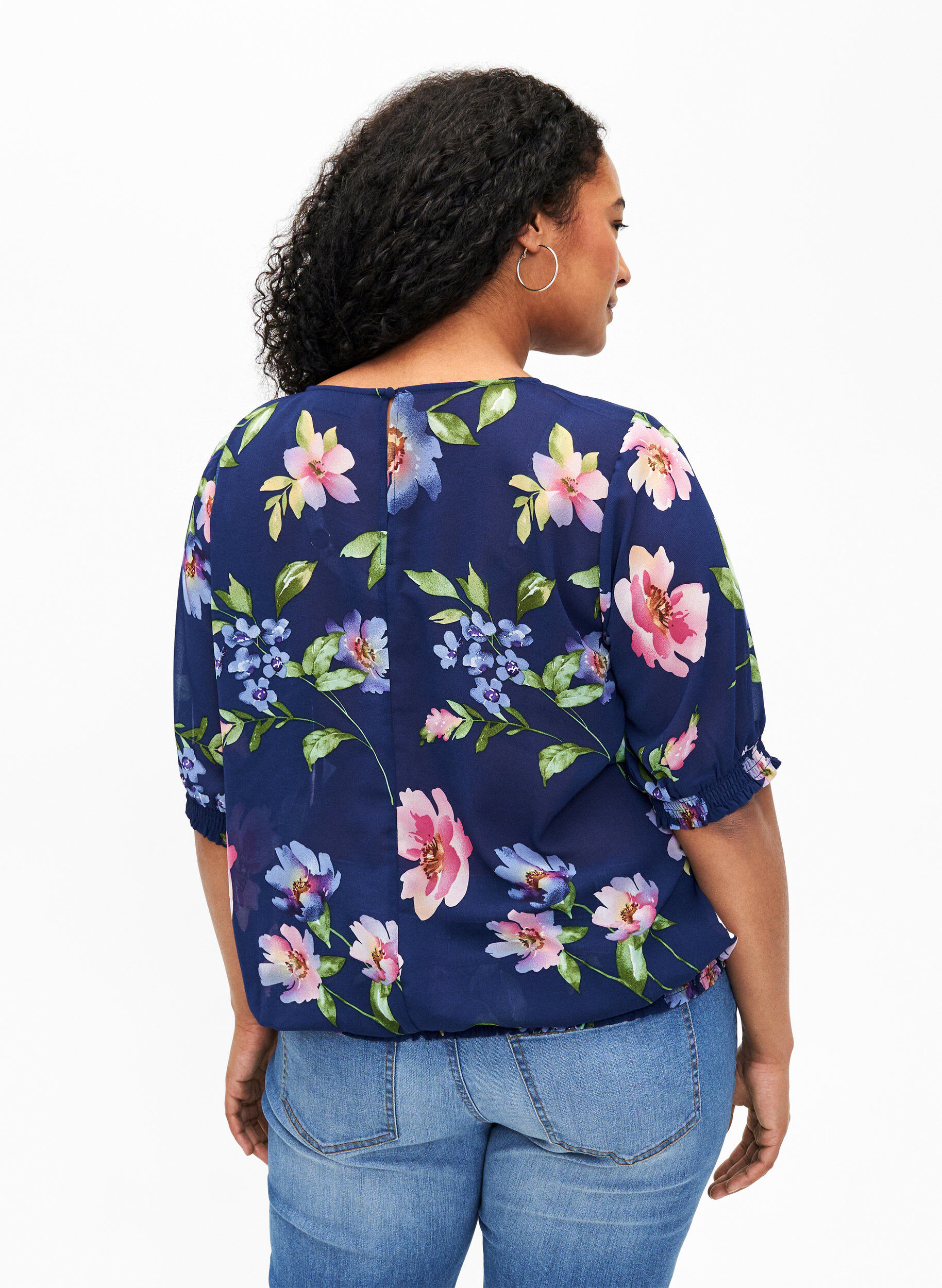 Zizzi Bloemenblouse met smock, Blueprint Flower AOP, Model image number 1