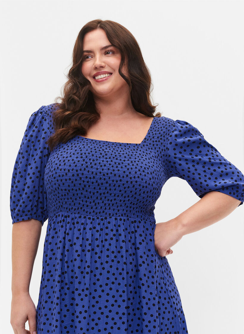 Gestippelde viscose jurk met smok, R.Blue w. Black Dot, Model image number 2