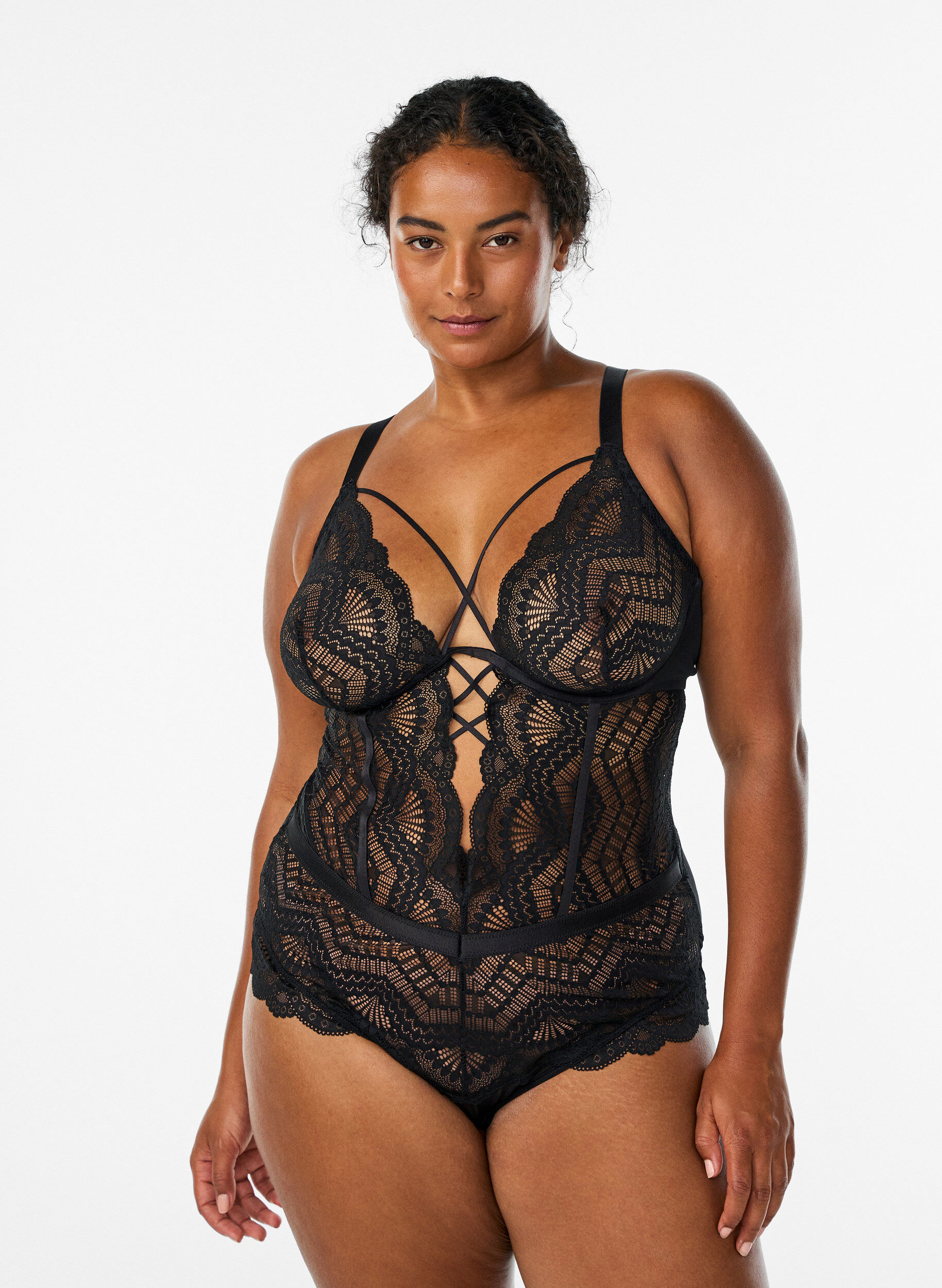 Zizzi Kantbody met vetersluitingdetails, Zwart, Model image number 0