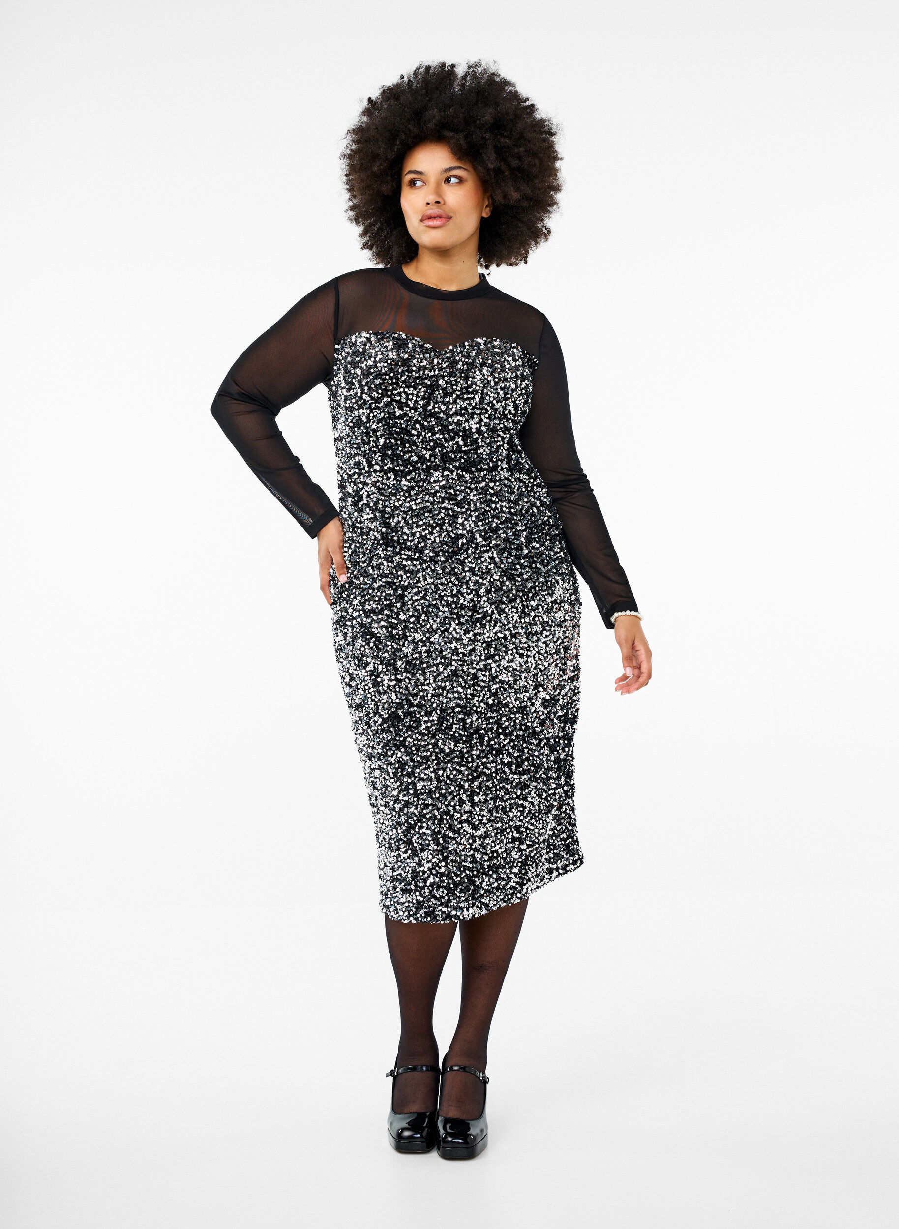 Zizzi Glitterjurk met pailletten, Black w. Silver, Model image number 2