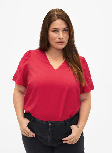 Viscose blouse met korte mouwen en borduursel, Tango Red, Model image number 0