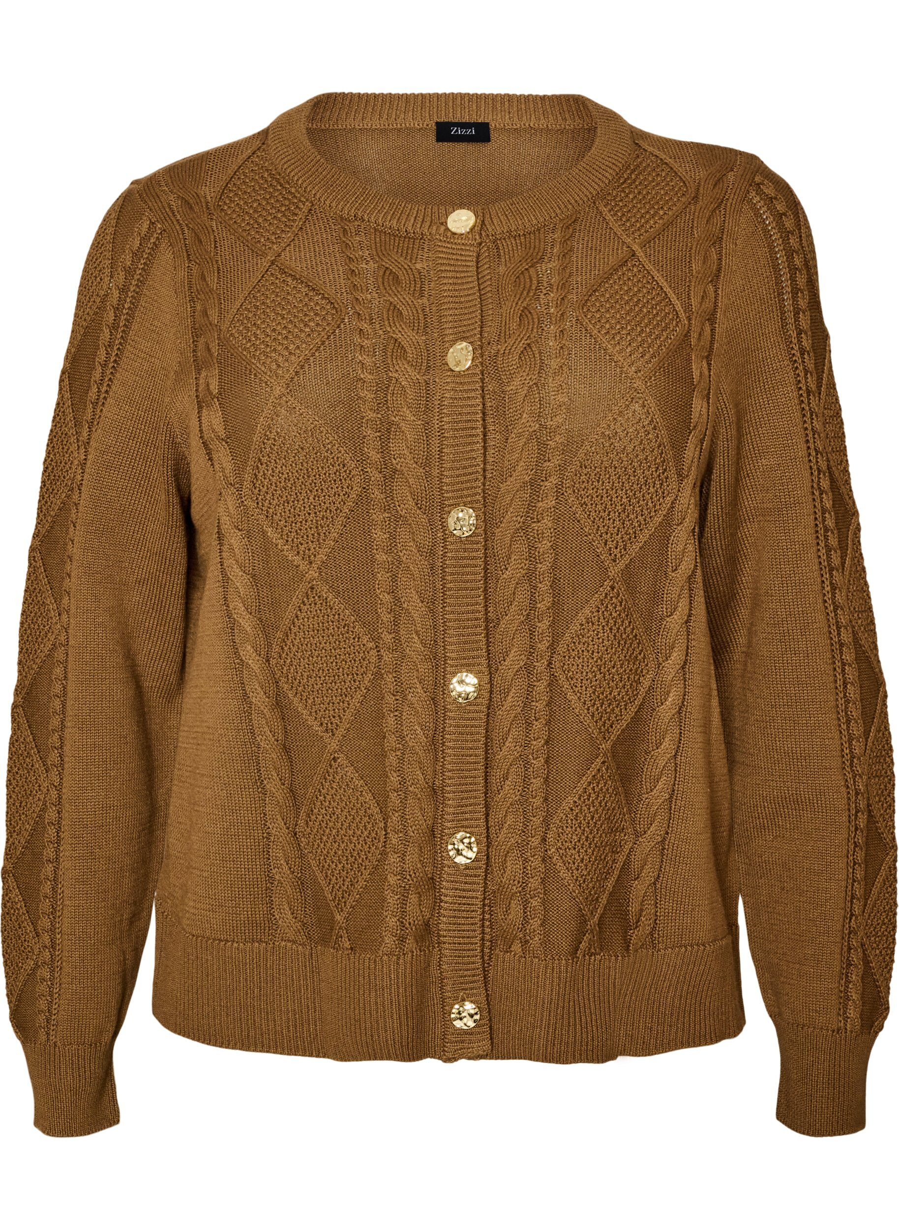 ZizziKabelgebreide cardigan met decoratieve knopen, Bruin, Packshot image number 0
