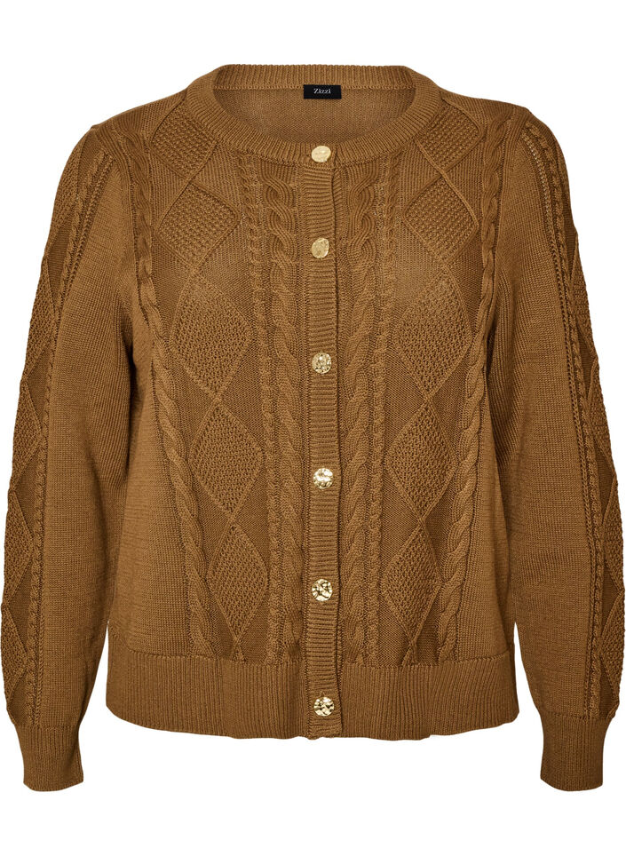 Kabelgebreide cardigan met decoratieve knopen, Bruin, Packshot image number 0