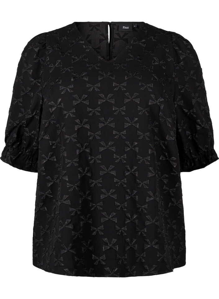 Jacquard blouse met korte mouwen en strikjes, Black W. Bow, Packshot image number 0