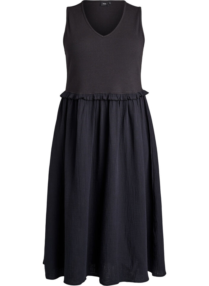 Mouwloze katoenen midi-jurk met rib en mousseline, Zwart, Packshot image number 0