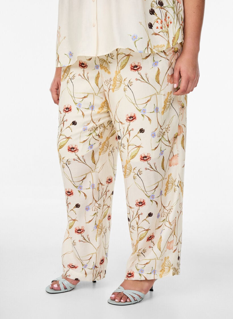 High-waist viscose broek met bloemenprint, Beige, Model image number 2