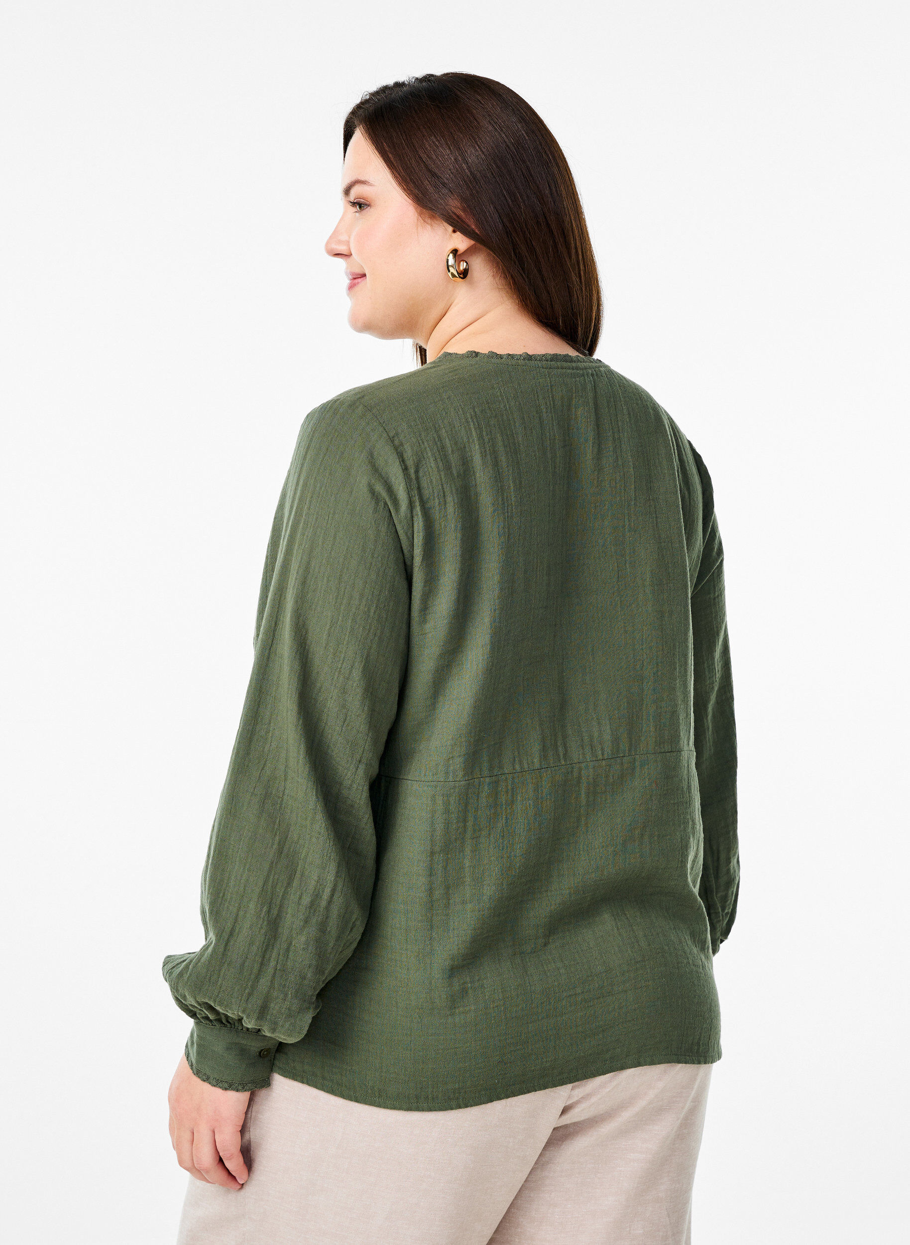 Zizzi Katoenen mousseline blouse met haakdetails, Groen, Model image number 2