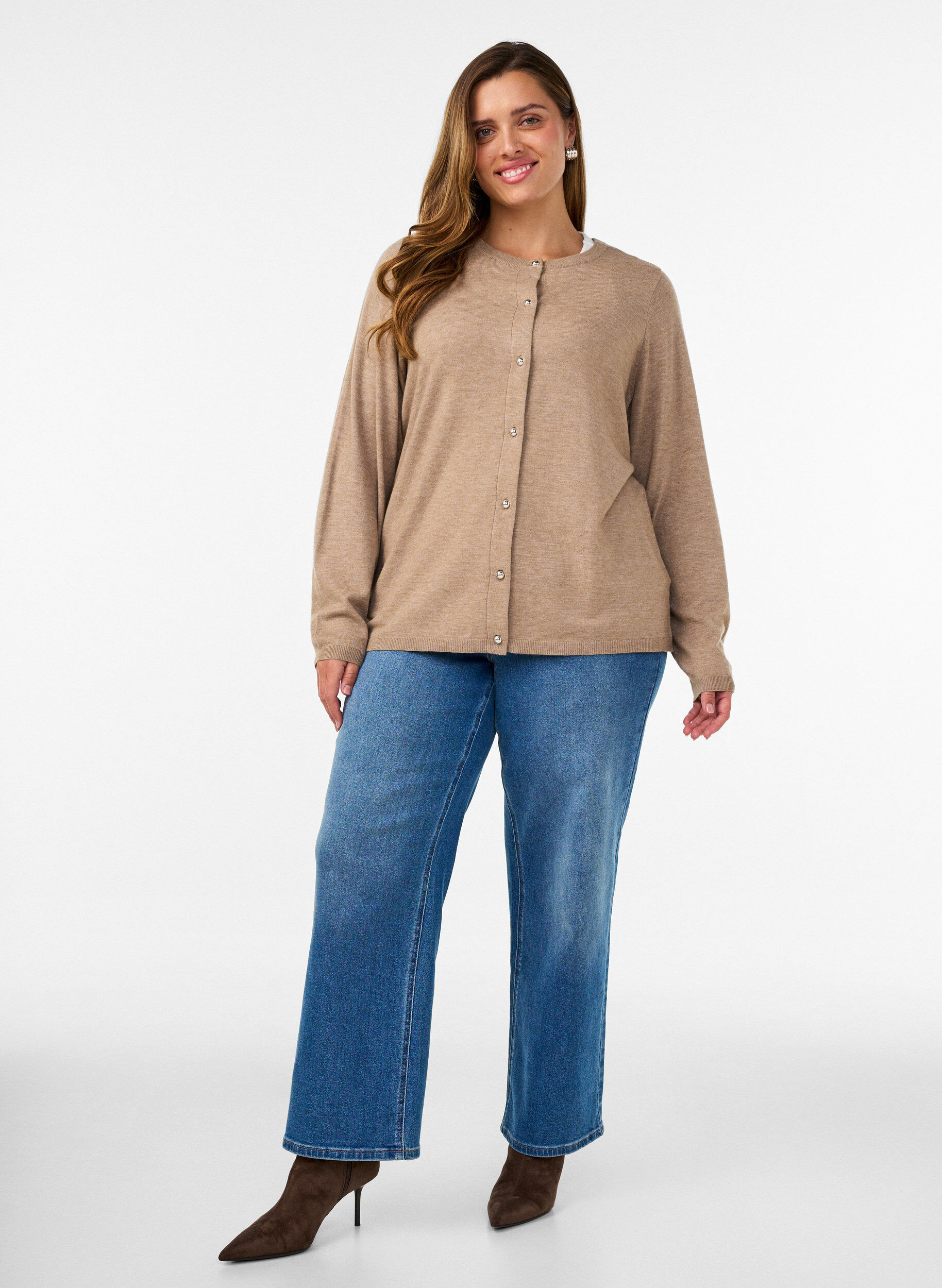 ZizziCardigan met ronde knopen, Beige, Model image number 1
