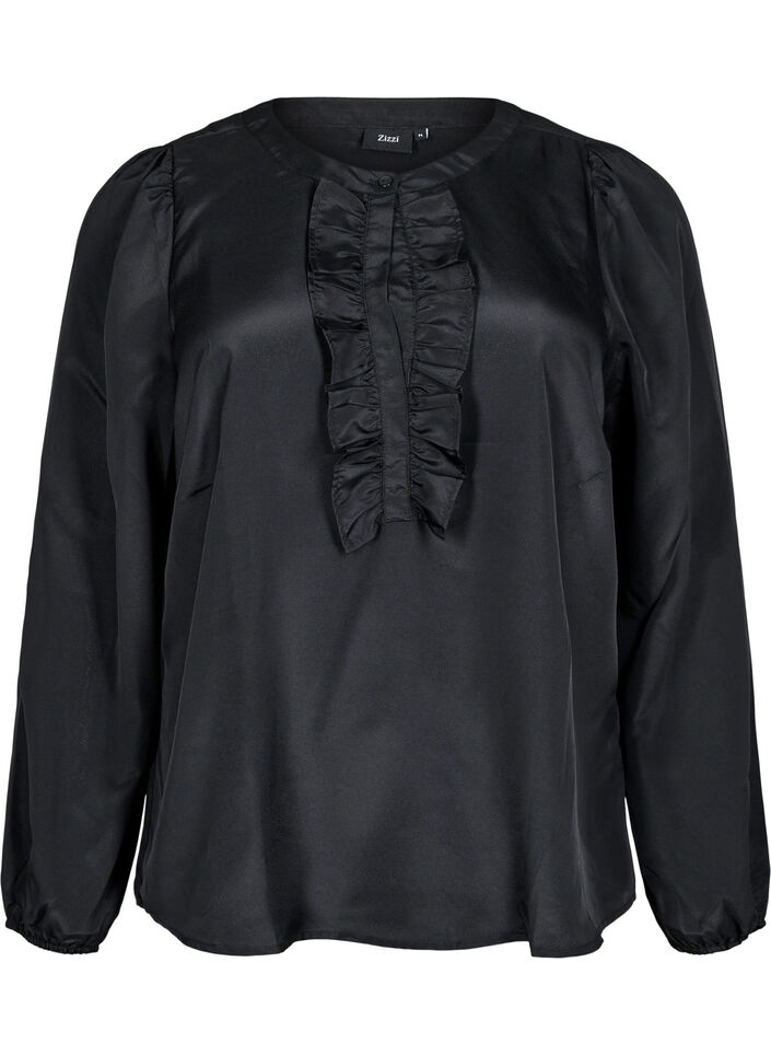 Satijnen blouse met ruchedetail, Black, Packshot image number 0