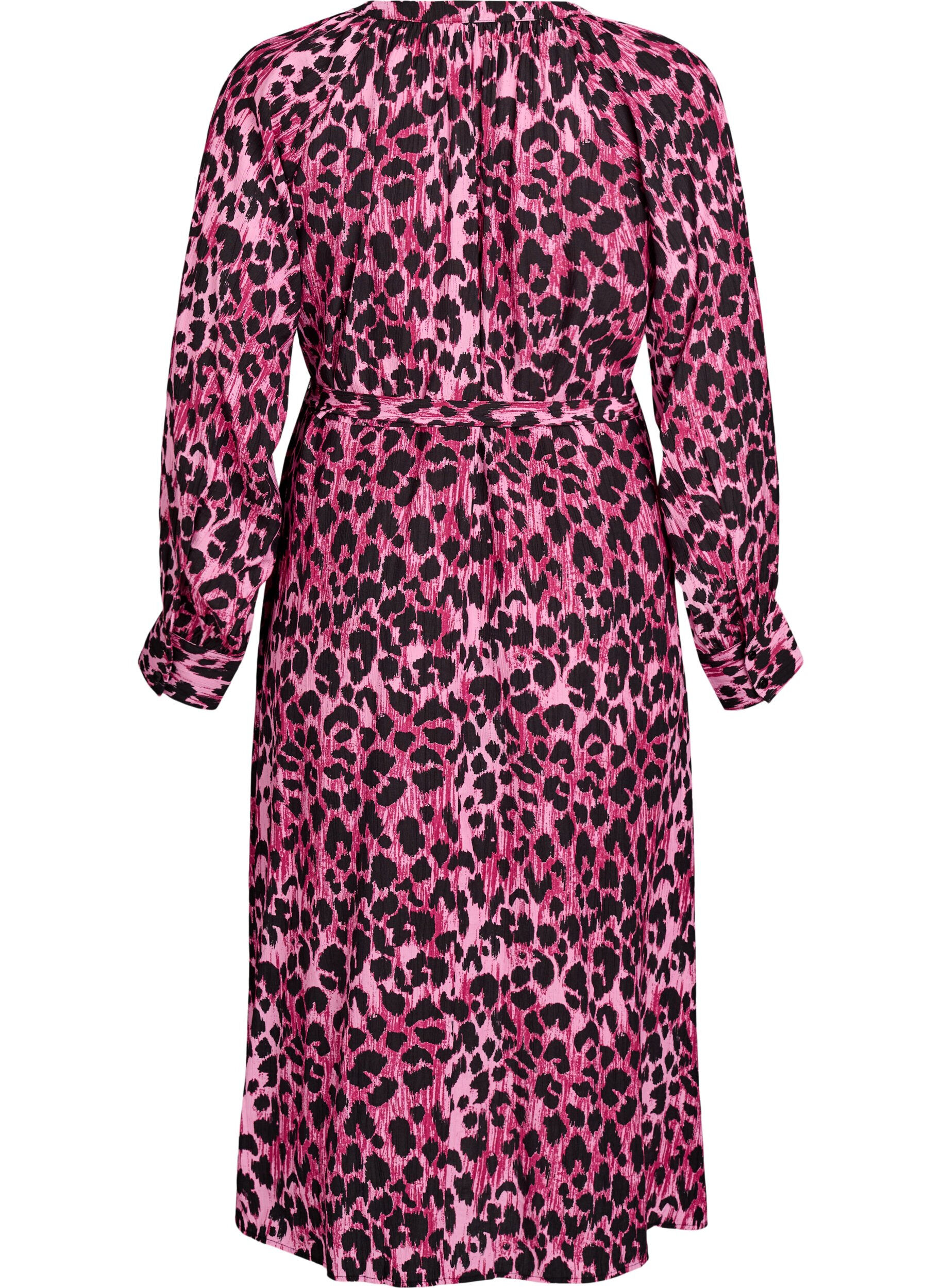 Zizzi Midi jurk met knoopsluiting en strikceintuur, Roze, Packshot image number 1