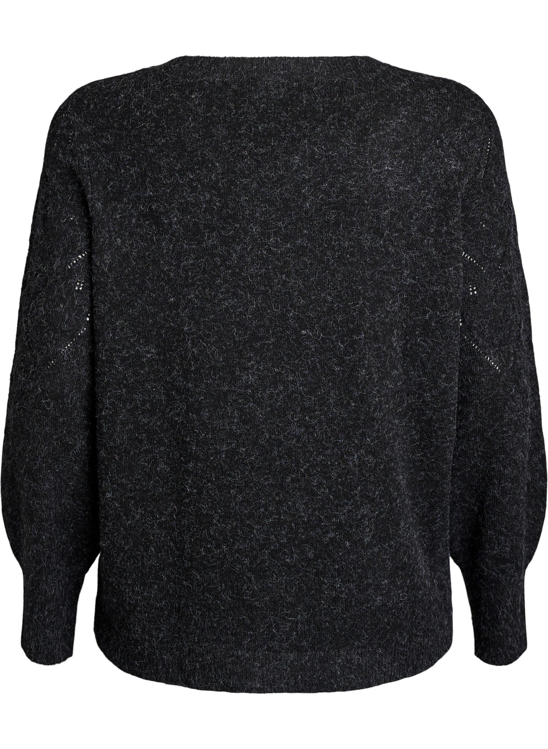 Zizzi Gebreide top met opengewerkt patroon en ballonnen mouwen, Grijs, Packshot image number 1