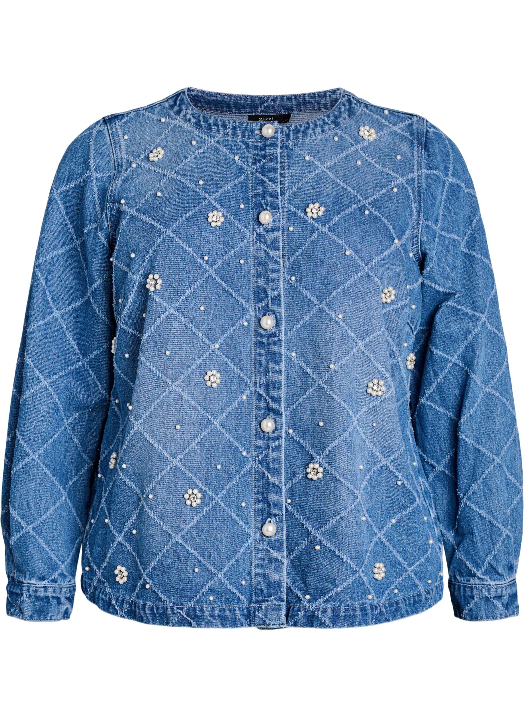Zizzi Denim blouse met destroyed patroon en pareldetails, Blauw, Packshot image number 0