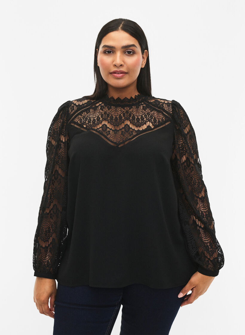 Blouse met lange mouwen en kant, Black, Model image number 0