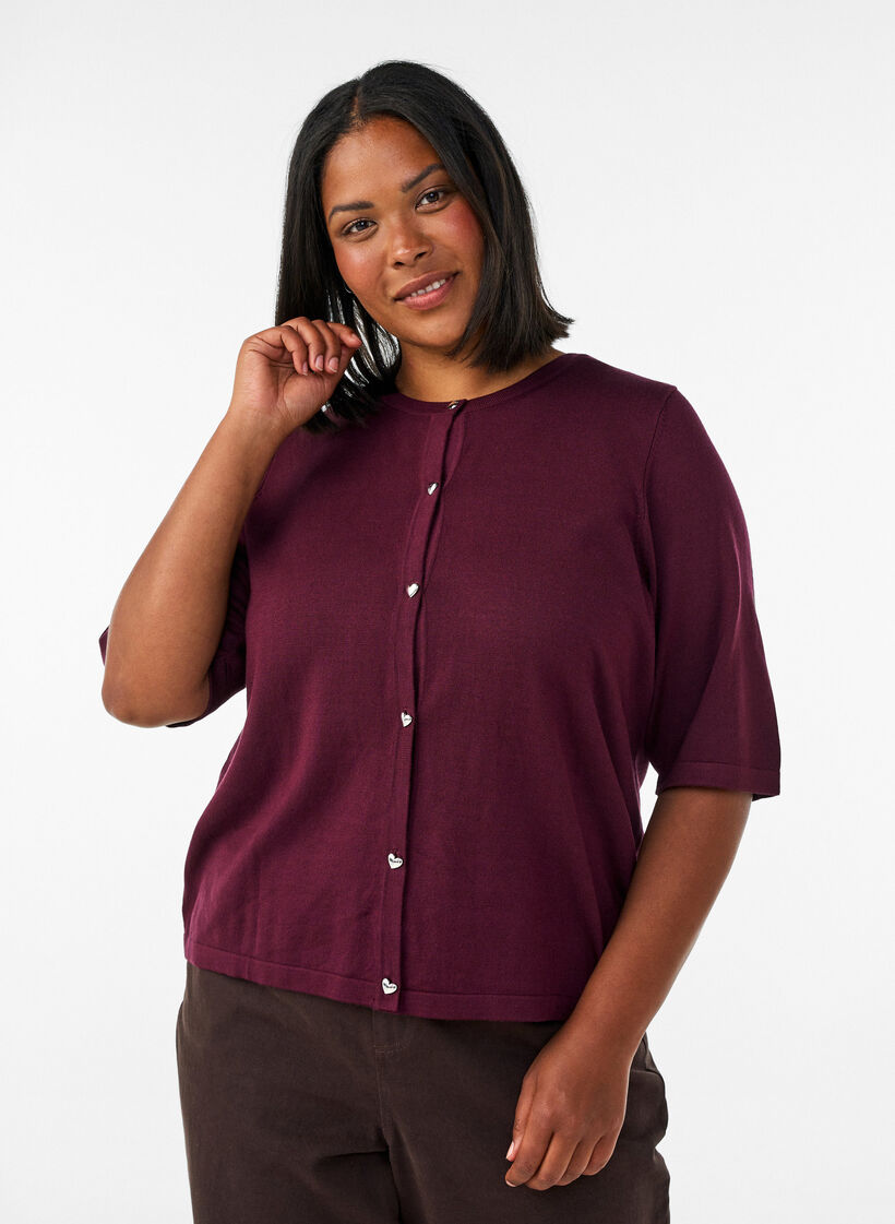Gebreid vest met hartvormige knopen en korte mouwen, Rood, Model image number 0