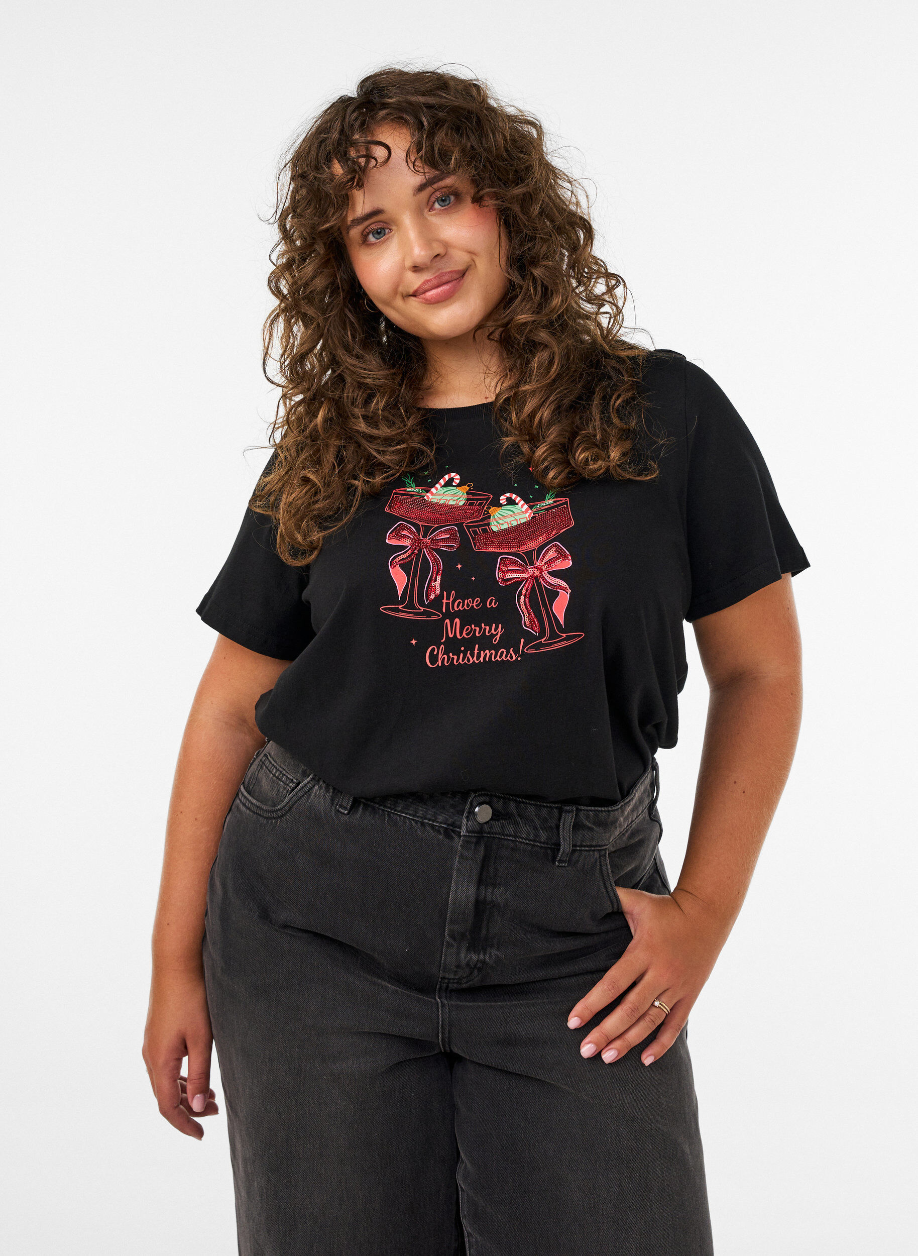 ZizziKerst T-shirt van biologisch katoen, Zwart, Model image number 0