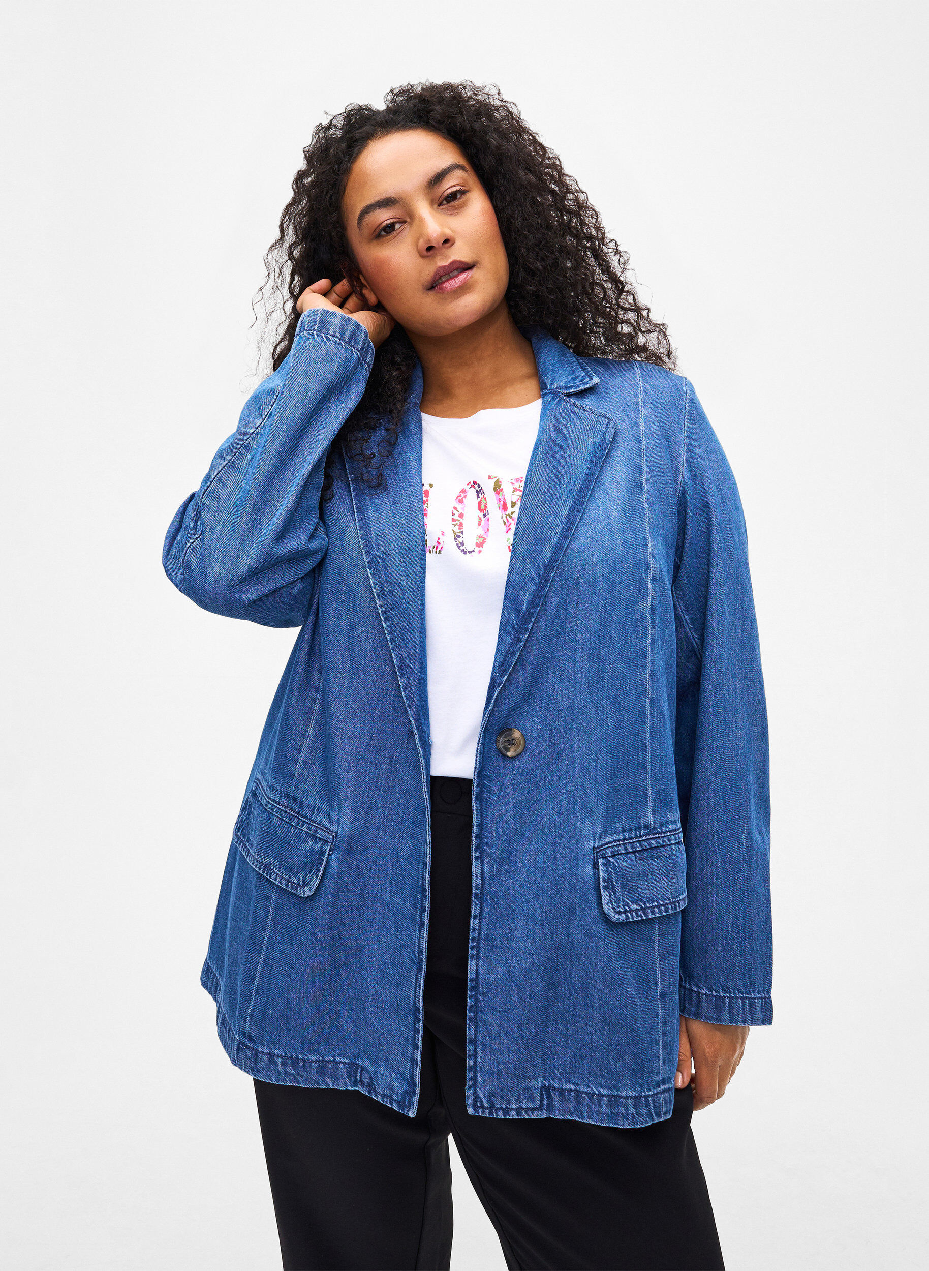 Zizzi Denim blazer met zakken, Blue Denim, Model image number 0