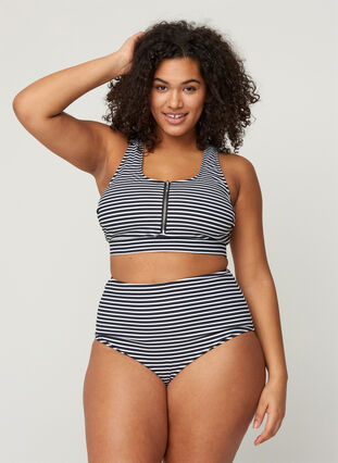 Gestreepte bikini top met rits, Navy Striped, Model image number 2