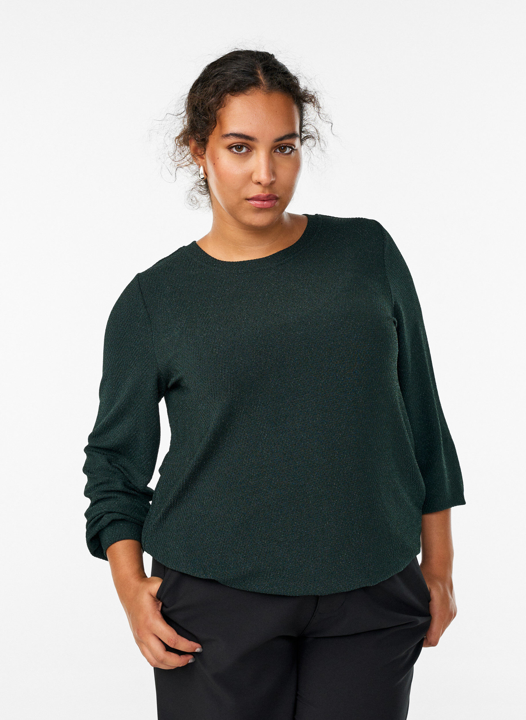 ZizziBlouse met visgraatpatroon en glinsterend garen, Groen, Model image number 0