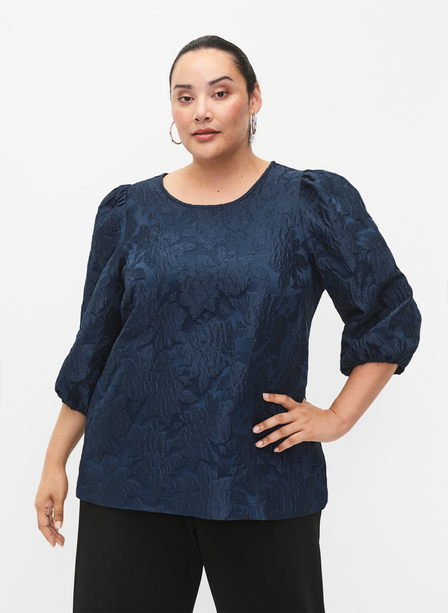 Zizzi Jacquard blouse met 3/4 mouwen, Titan, Model image number 0