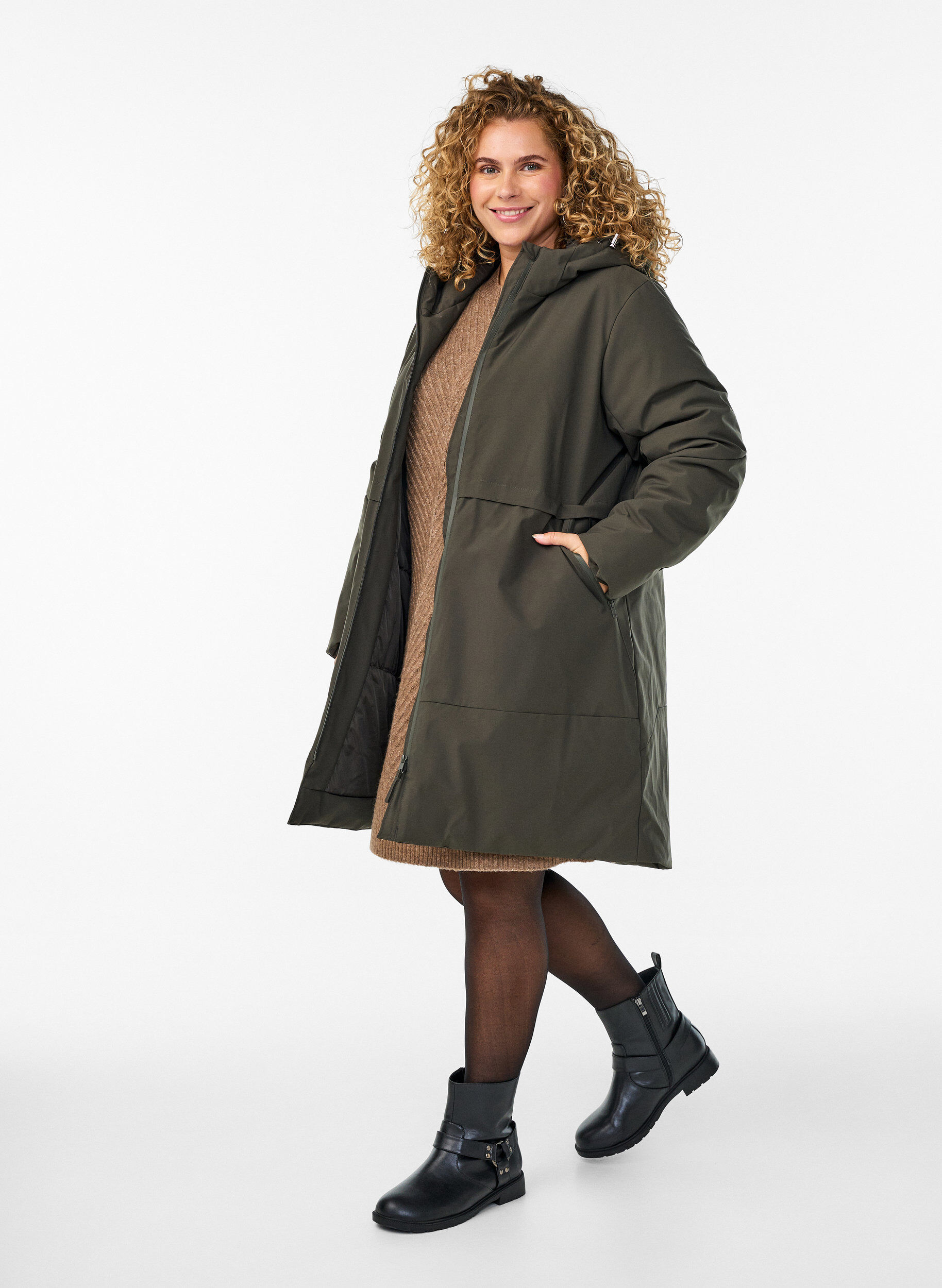Zizzi Winterjas met verstelbare taille, Groen, Model image number 1