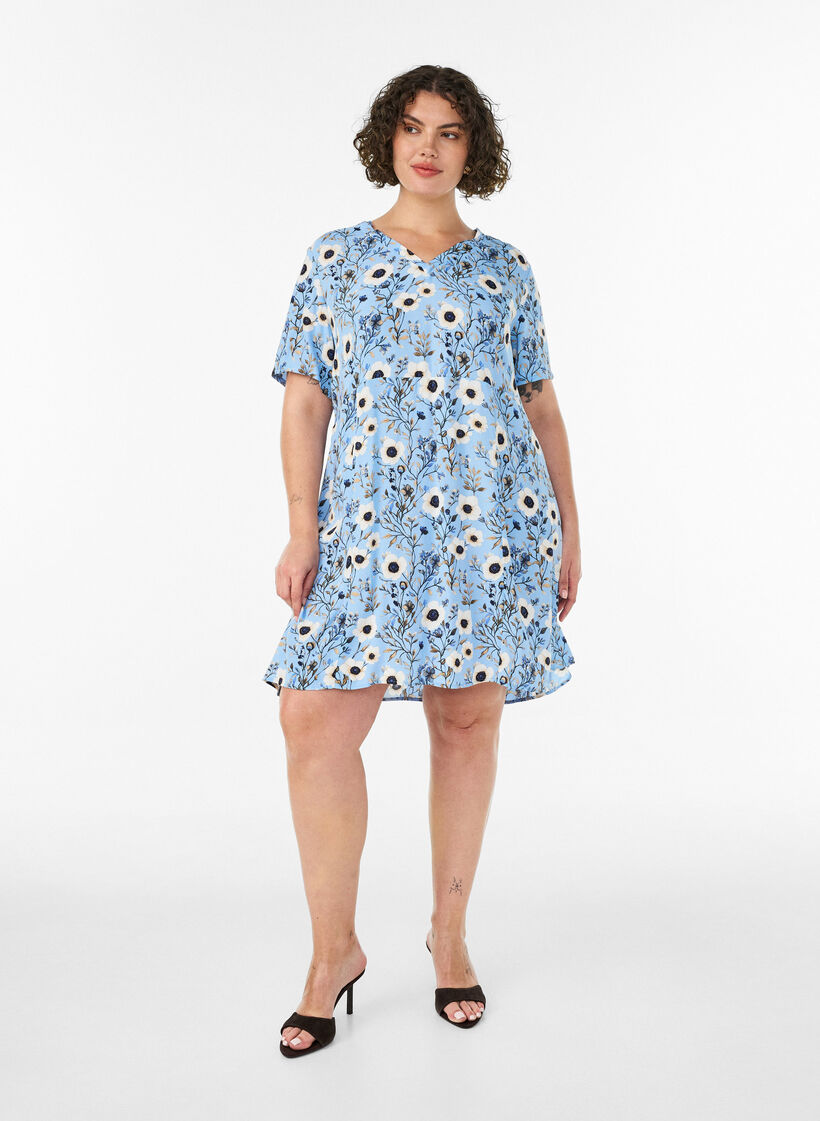 Korte jurk met bloemenprint, Blauw, Model image number 1