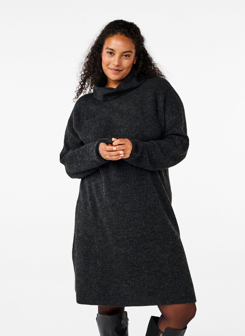Gebreide jurk met col, Grijs, Model image number 0