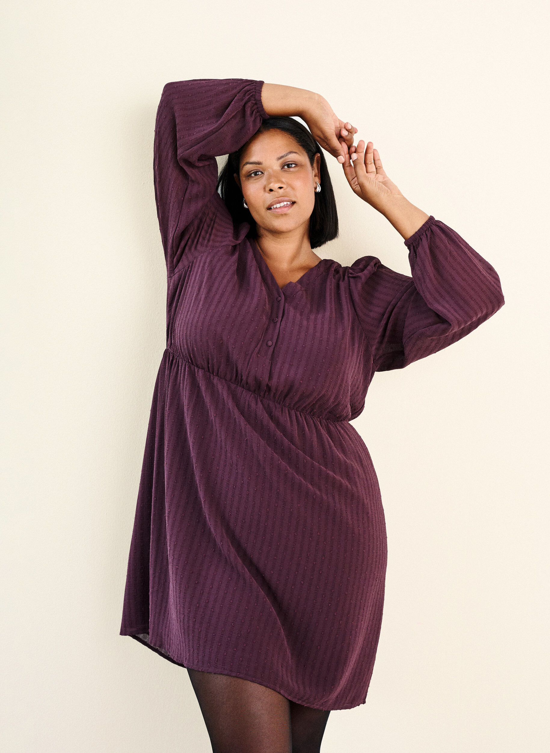 Zizzi Korte jurk met tonale strepen en gestructureerde stippen, Donker Bordeaux, Image image number 0