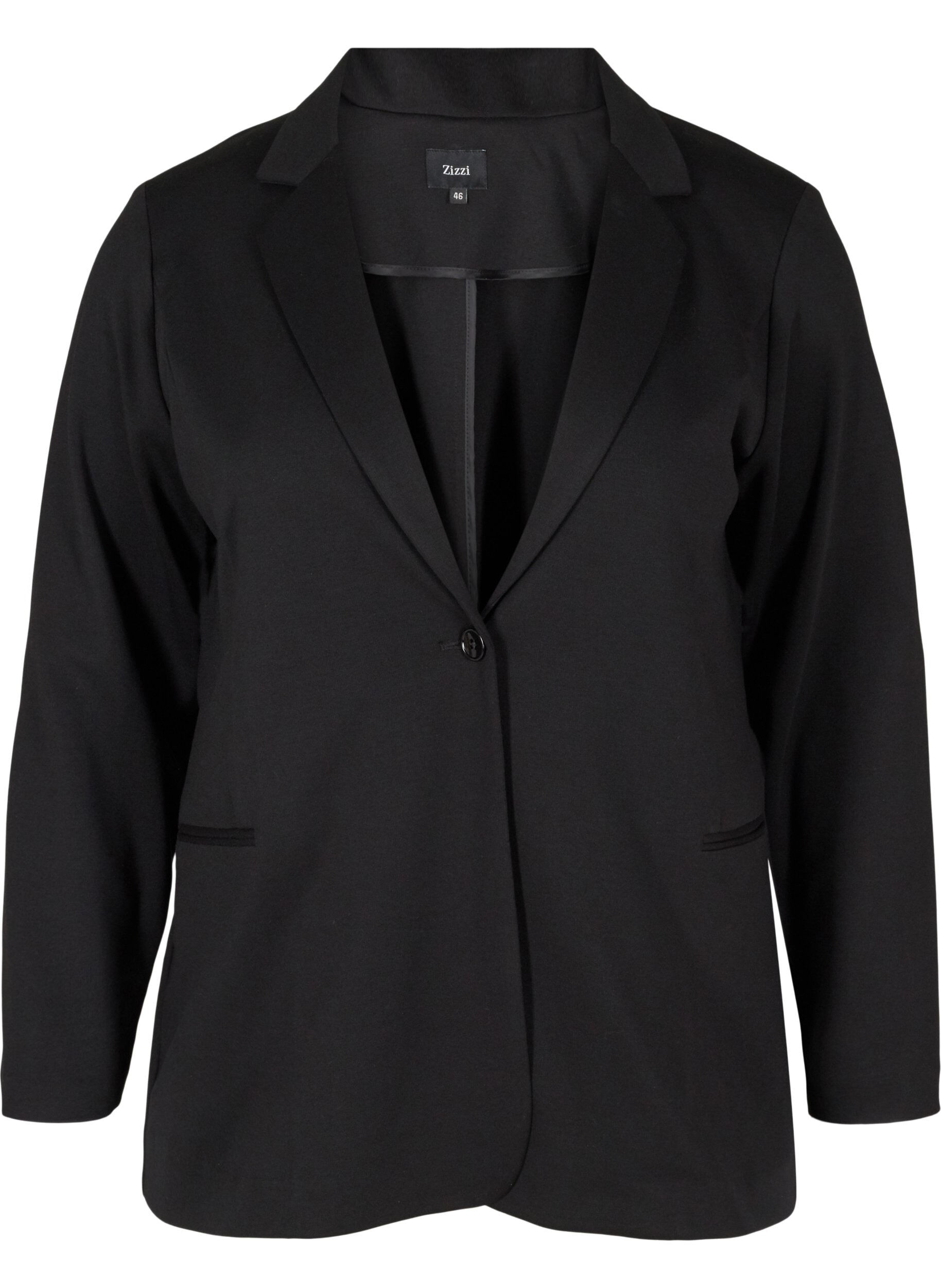 Zizzi Basic blazer met knoop en sierzakken, Black, Packshot image number 0