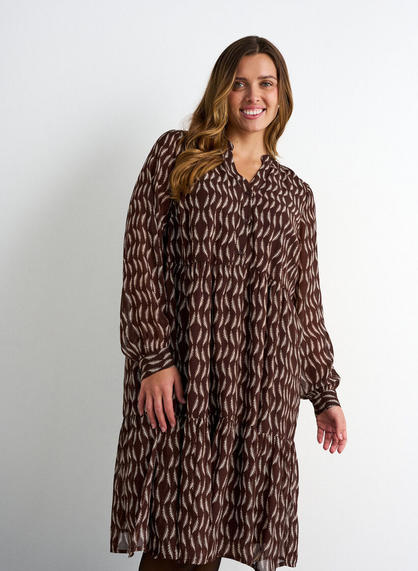 Jurk met all-overprint en een rucheslaag, Bruin, Model image number 2