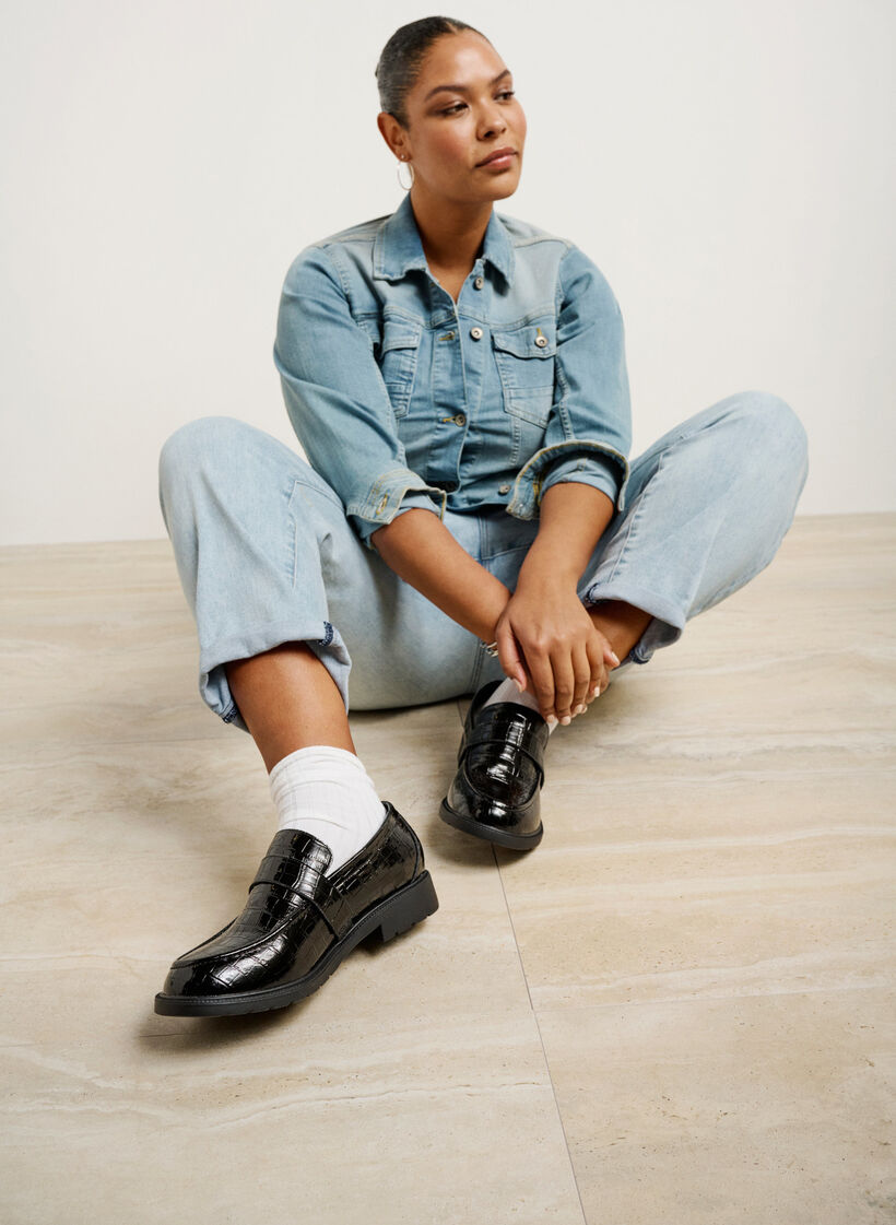 Wijde croco loafers van leer, Black, Image image number 0