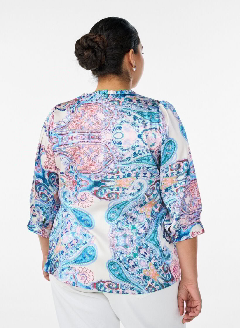 Blouse met satijn-look en paisleyprint met 3/4 mouwen, Blauw, Model image number 2