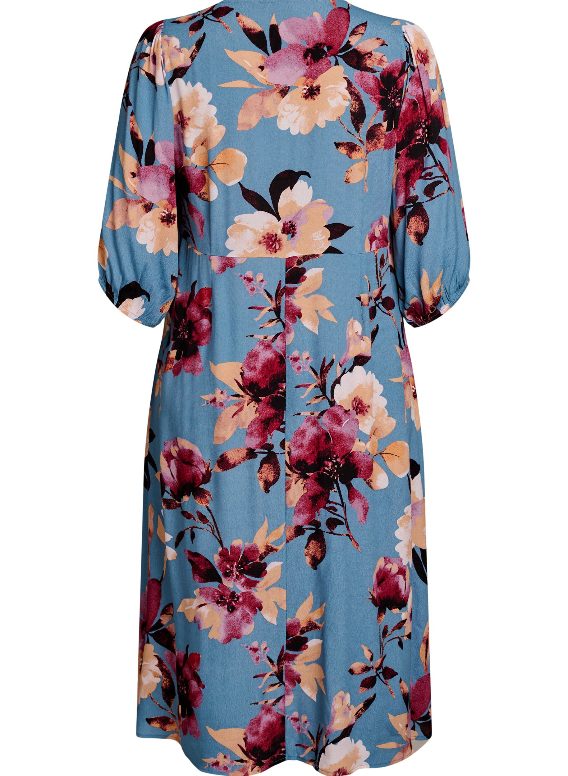 Zizzi Midi-jurk met bloemenprint en 3/4 mouwen, Blauw, Packshot image number 1