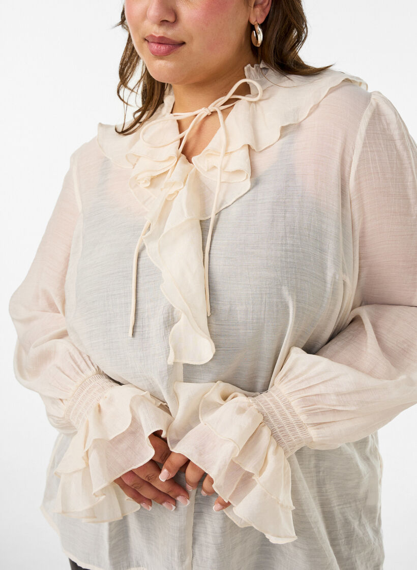 Viscose blouse met ruches en lange mouwen, Vanille, Model image number 3