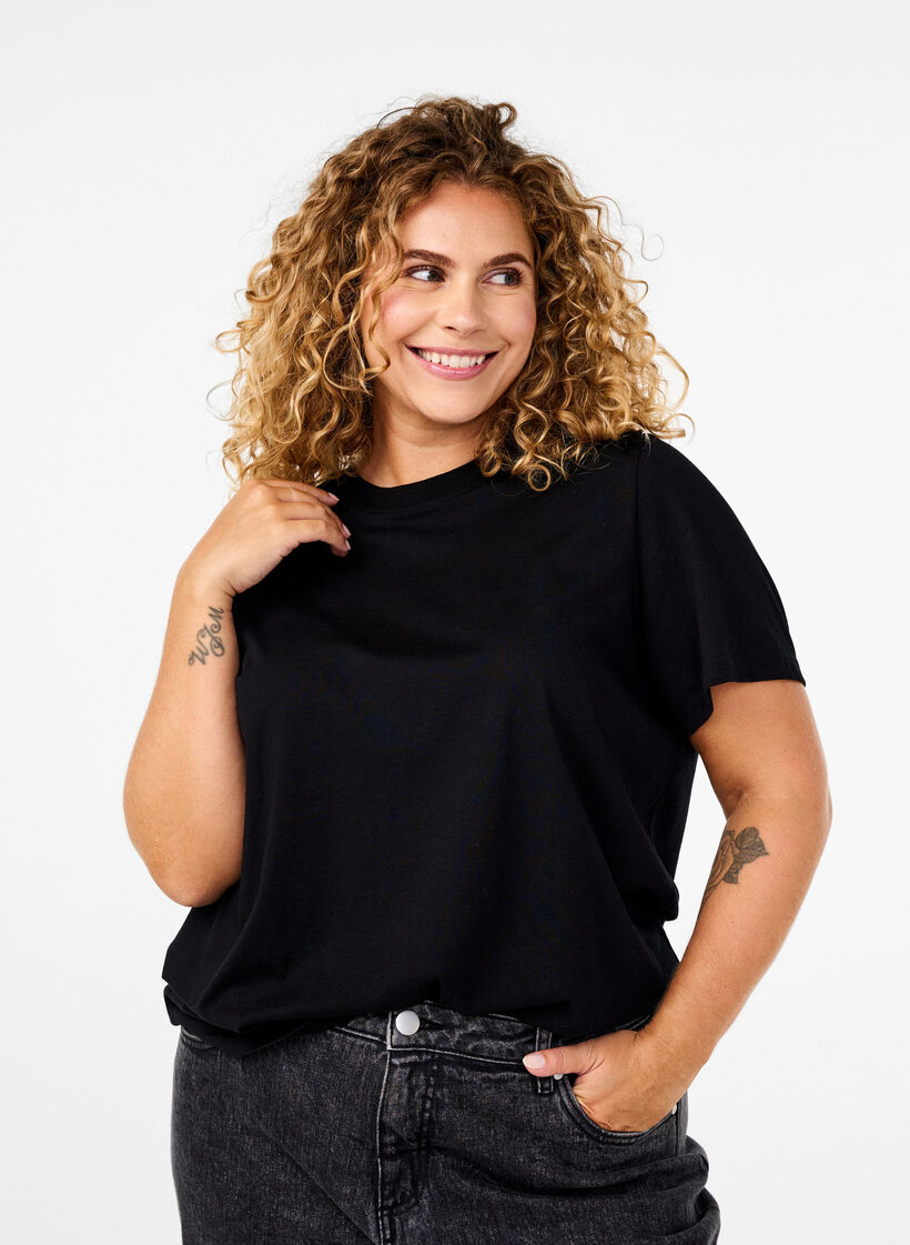 Basic katoenen T-shirt met ronde hals, Zwart, Model image number 0