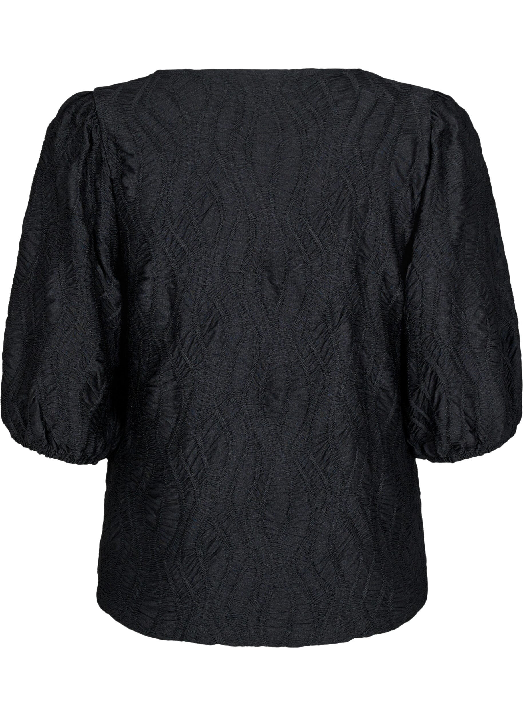 Zizzi Blouse met textuur en 3/4 mouwen, Zwart, Packshot image number 1