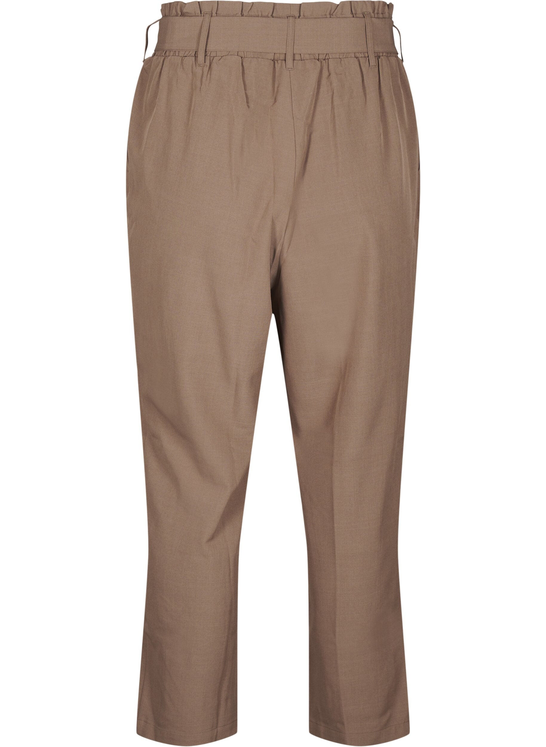 Zizzi High-waist broek met ruches en een strikriem, Walnut Melange, Packshot image number 1