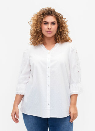 Gestructureerde hemdblouse met anglaise borduurwerk, Bright White, Model image number 0