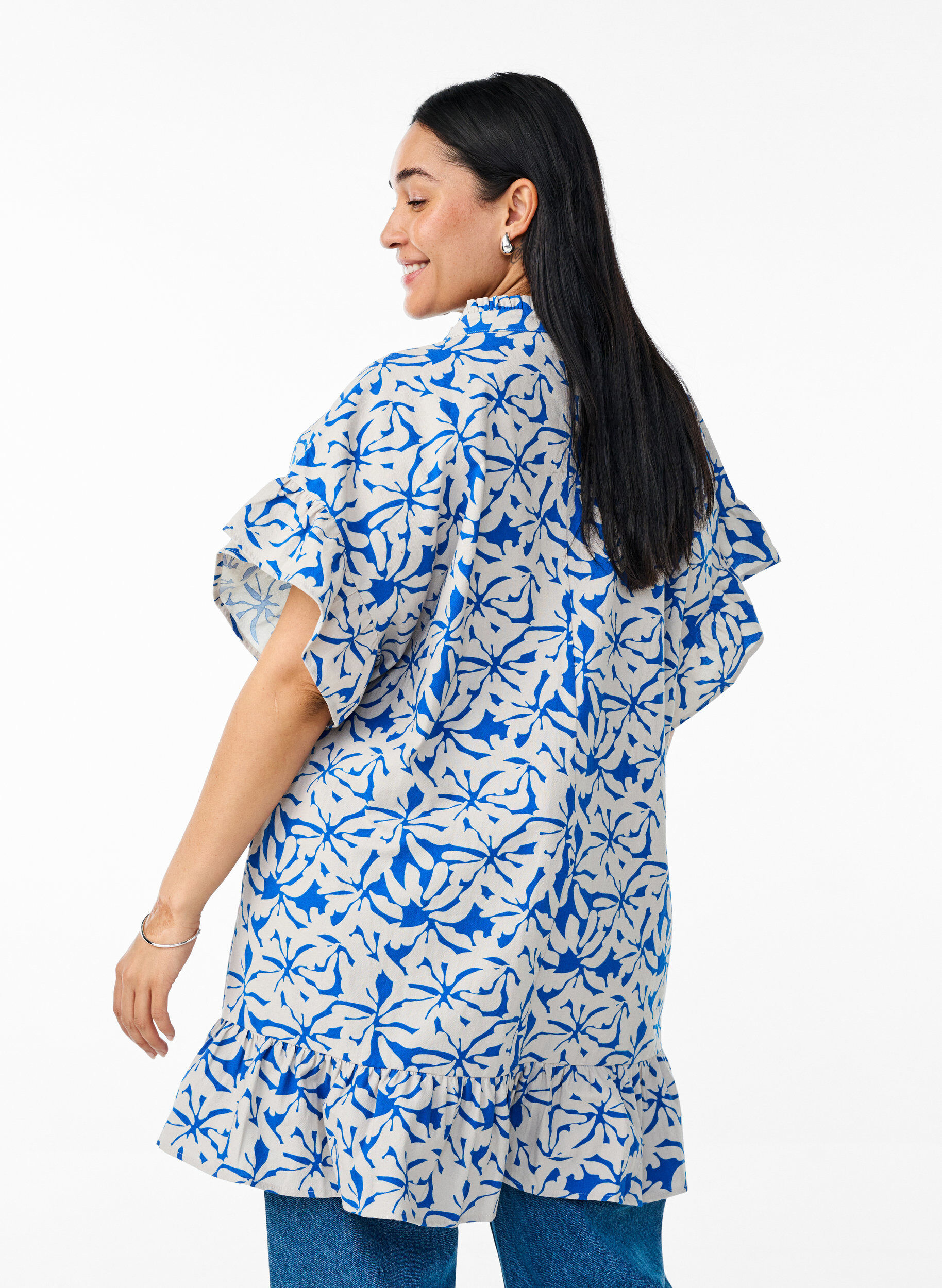 Zizzi Tunic met V-hals en ruchesdetails, Blauw, Model image number 2