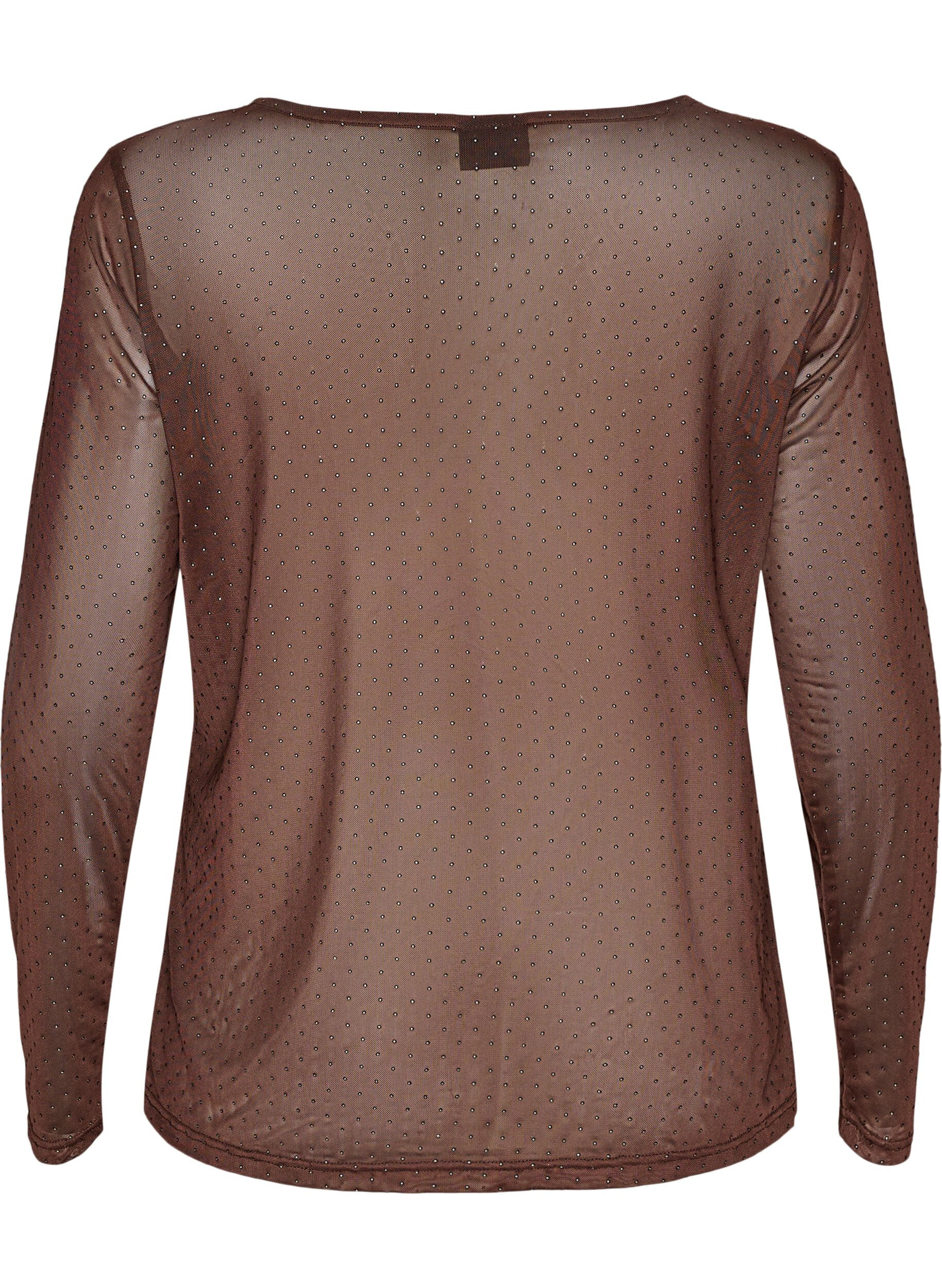 ZizziTransparante mesh blouse met strassteentjes, Bruin, Packshot image number 1