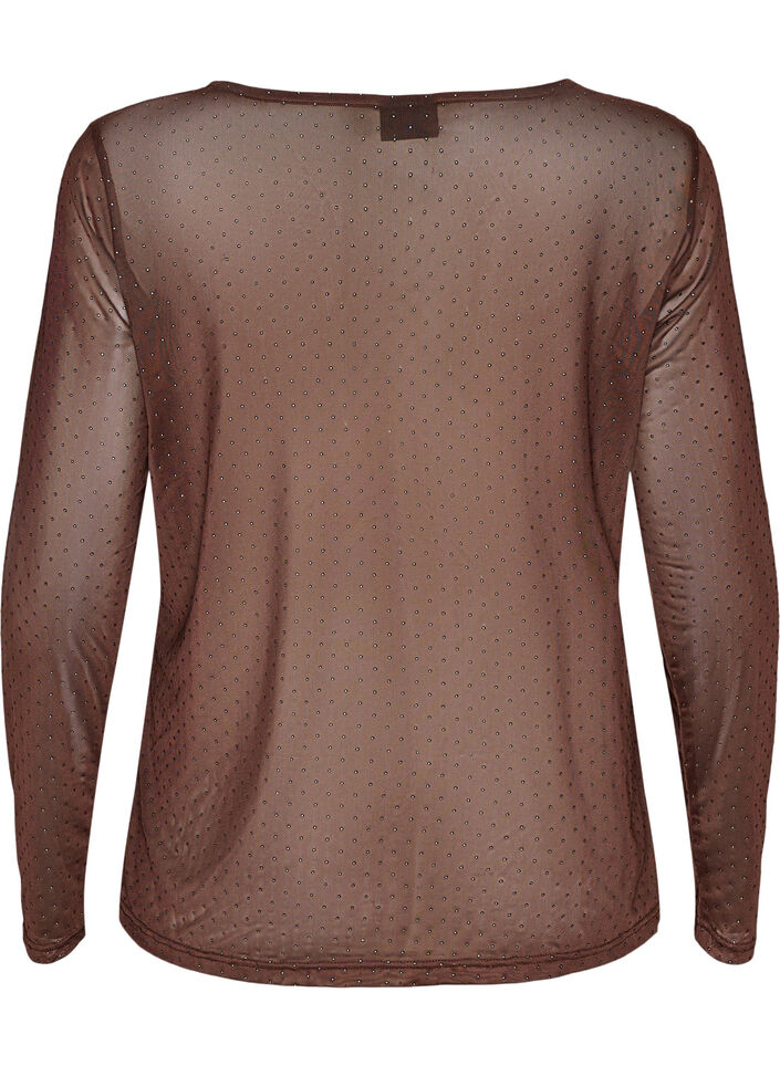 Transparante mesh blouse met strassteentjes, Bruin, Packshot image number 1