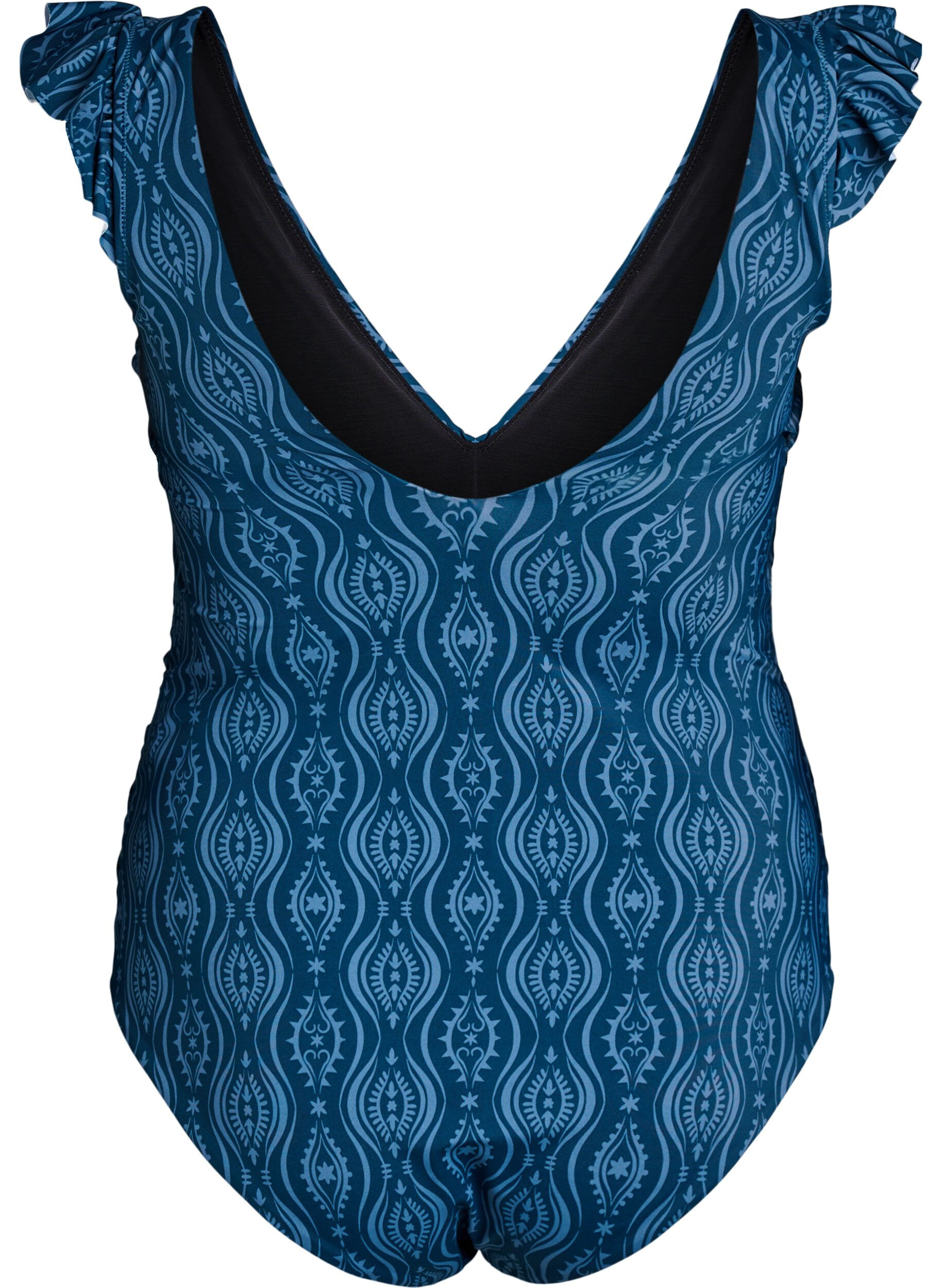 Zizzi Gepatroonde badpak met ruche details en drapering, Blauw, Packshot image number 1